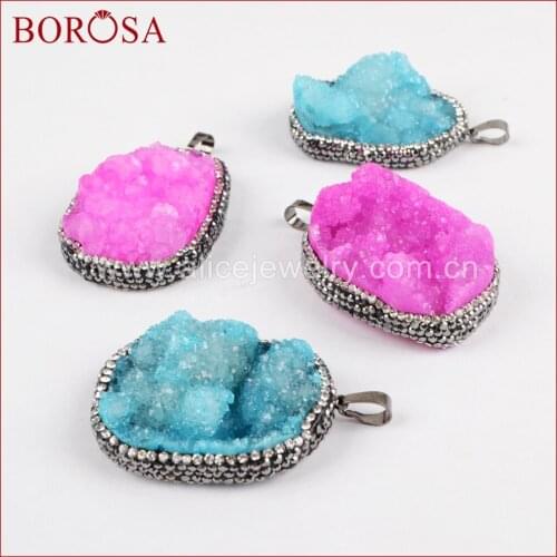 BOROSA 6pcs Drusy Pendant for Necklace Blue Hot Pink Crystal Druzy Paved Rhinestones Pendant For Women Gems Jewelry JAB622