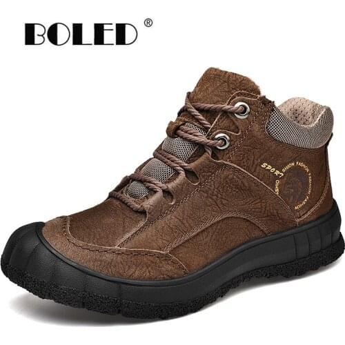 Plus Size Boots Men High Quality Natural Leather Ankle Snow Boots Shoes Warm Fur Plush Non-slip Lace-Up Winter Shoes Men