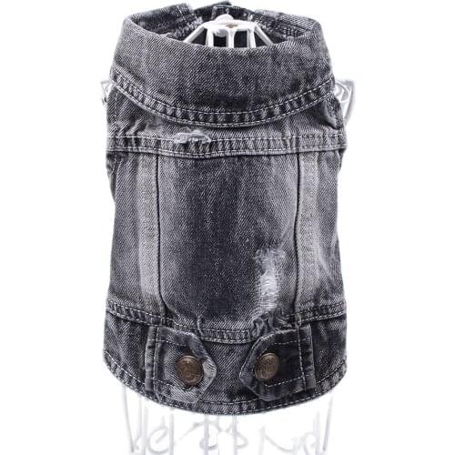 Small Pet Dog Cat Jeans Jacket Hole Black Denim Coat Vest Pet Puppy Clothes Apparel 6 sizes