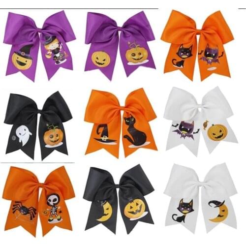 NEW 7inch Halloween Cheer Bow Pumpkin Printed Ribbon Handmade Cheerleading Hairbows Girls Halloween Party Hair Accessories