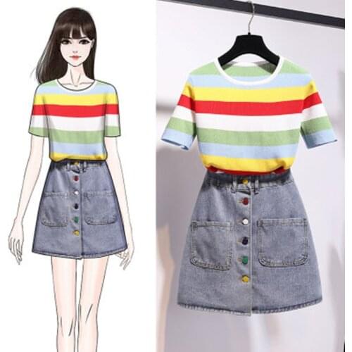 Summer New Fashion Womens Rainbow Striped Loose Knitted T-shirt+High Waist Single-Breasted Pocket Denim Skirt 2 Piece Girls Set