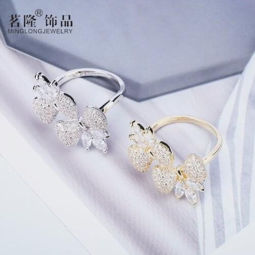 Rings For Women Bridal Wedding Trendy Jewellery Engagement White Gold/Silver Color Double Bowknot Fashion Open Gift Resizable