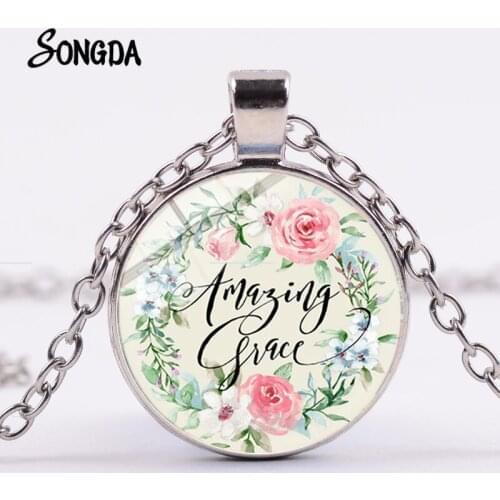 New Bible Verse Necklace Blessed Assurance Bible Quote Flower Printed Pendant Christian Faith Inspirational Gifts Jewelry