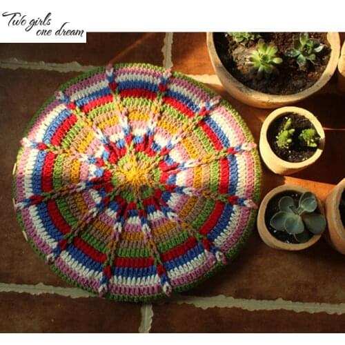 Original Handmade Crochet Sofa Seat Cushion DIY Round Garden Chairs Mat Rainbow Traits Wedding Decor Prop 45*45cm