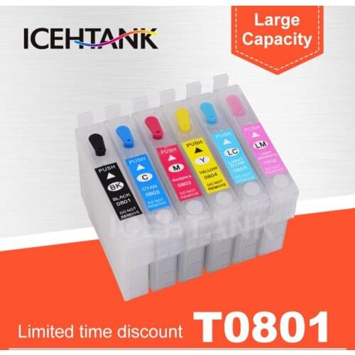 ICEHTANK Refillable Ink Cartridge For Epson T0801 For Epson Stylus Photo P50 T59 R265 270 285 290 360 RX560 585 610 650 Printer