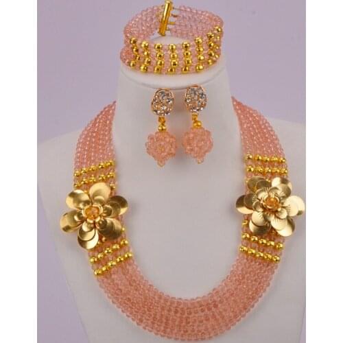 Peach Nigerian Beads African Jewelry Set Crystal Necklaces Sets Bridal Wedding Jewelry Sets