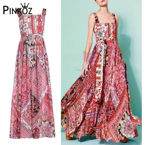 Pinkoz Summer Fashion Chiffon Designer Bohemian Vacation Long Dress Womens Spaghetti Strap Floral Print A Line Chiffon Dress za