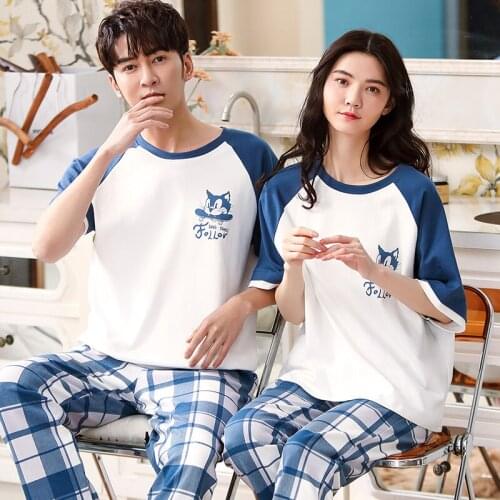 Cute Blue Lattice Print Cartoon Couple Pajamas Set Cotton Women & Men Nightwear Summer Casual Short Sleeved Homewear Sleepwear