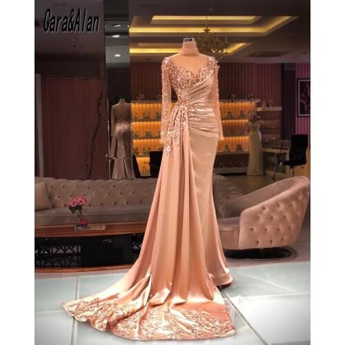 Rose Champagne Prom Dresses Applique Beaded High Neck 2021 Kosovo Evening Dress Long Sleeves robe de soiree Party Gowns