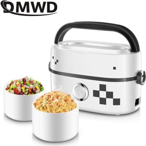 DMWD 1L Portable Electric Cooker Food Heater Heating Lunch Box With Separate 2 Ceramic Inner Pot For Steaming Boiling