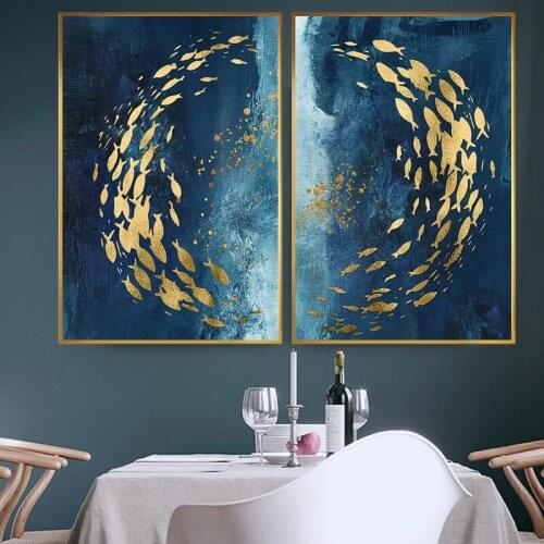 Nordic Blue Abstract Gold Fish Canvas Painting Wall Art Posters Prints Wall Aisle Luxury Picture Cuadros for Living Room Decor