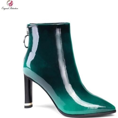 Size 42 43 Ankle Boots Women Elegant Pointed Toe Thick High Heels Booties Gradient Patent Leather Modern Boots Party Woman Shoes