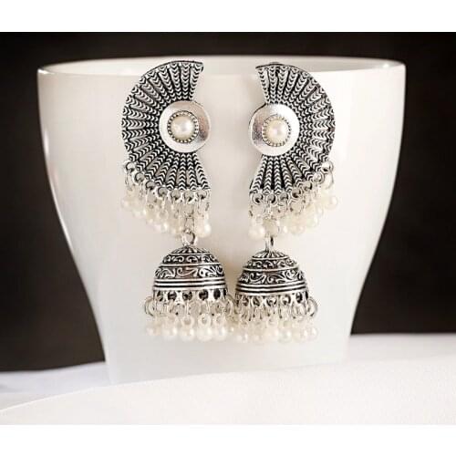 Retro Silver Color Sector Bells Indian Jhumka Earrings Womens Classic Vintage Pearl Tassel Earrings Bijoux