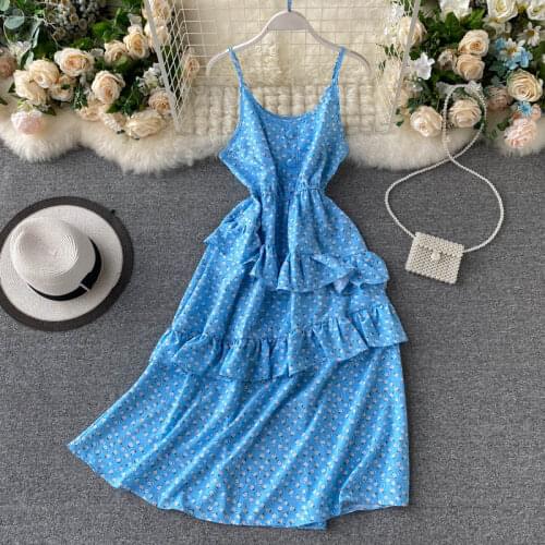 Boho ruffles floral print Summer midi long Dress sexy spaghetti strap chiffon dress Party Women casual beach holiday tunic Dress