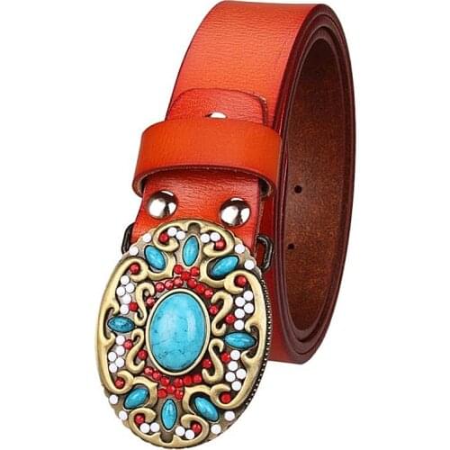 Women belt Genuine leather belt cowskin gem turquoise pattern arabesque retro woman decorative belt lady
