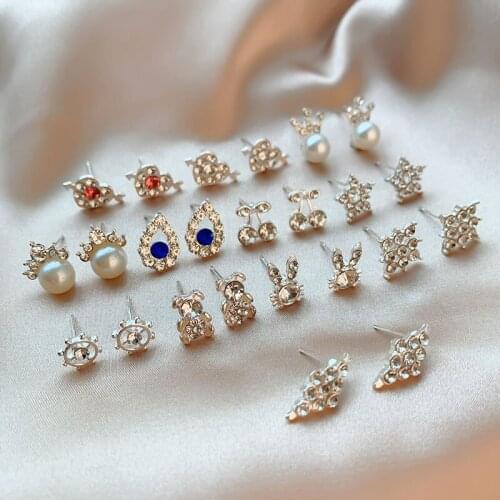 2020 new fashion small mixed crystal rhinestone heart crown stud earrings for women trendy wedding simulated pearl earrings gift