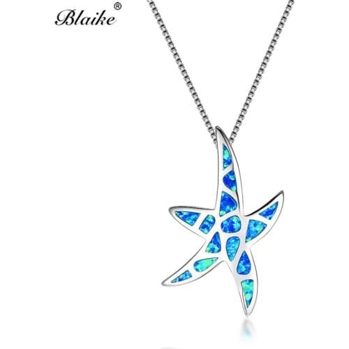 Blaike Ocean Blue White Fire Opal Starfish Pendant Necklaces For Women 925 Sterling Silver Mystic Birthstone Necklace Jewelry