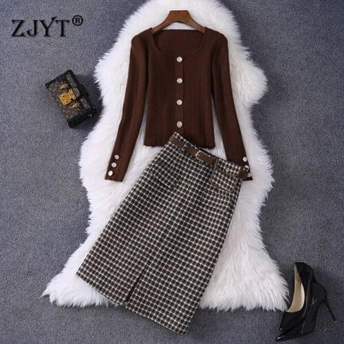 Womens Autumn Winter Dress Suit Long Sleeve Pullover Knitted Sweater and Plaid Woolen Skirt Set Lady Casual Office Outfits