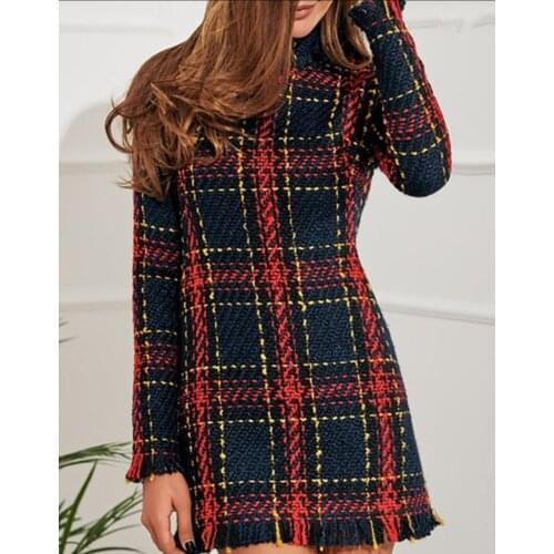 Elegant Office Lady Plaid Winter Dress Long Sleeve Stand Collar Thick Warm Tassel Dress Fashion Slim Female Vestido