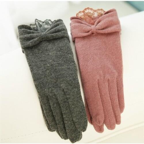 2020 Winter Women Knitted Wool Gloves Single Layer Wrist Lace Elegant Bowknot Five Fingers Thermal Lady Glove T117