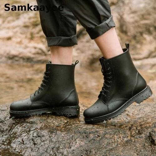 Size 39-44 Mens Rain Boots Spring Autumn Male Soft Rubber Botas Lace-Up High Top Non-Slip Waterproof Shoes Work Black Zapatos 37