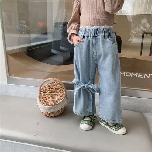 Childrens Jeans 2021 Spring Girls Bow Tie Trousers Female Baby Lace High Waist Jeans Straight Korean Wide Leg Pants Denim Pants
