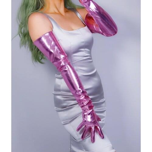 LATEX LONG GLOVES Faux Shine Patent Leather 28" 70cm Shine Silvery Pink Slim Fit Women Leather Gloves WPU271