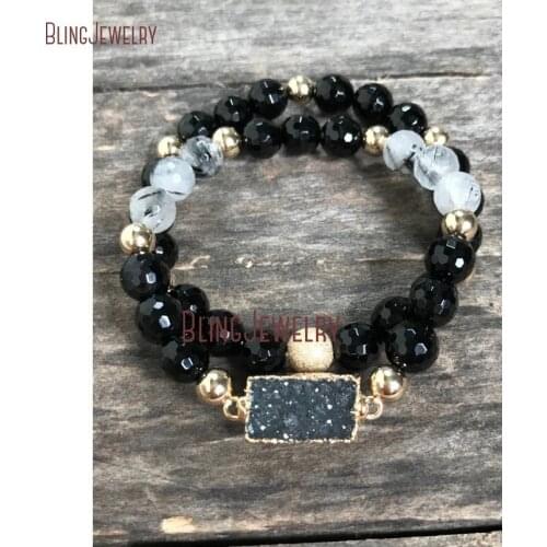 Faceted Onyx Rutiles Tourmalines Quartz Beads Bracelet Set Black Agates Druzy Bar Bracelet Stretch Healing Bracelet of 2 BM16077