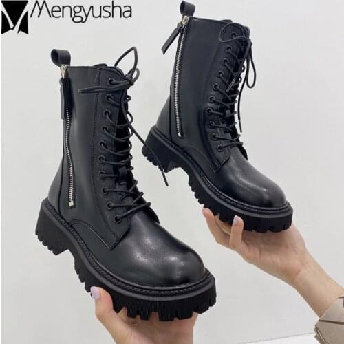 Ins creepers lace-up zipper knight botas female double zipper fashion round toe riding boots women chunky med high heels booties