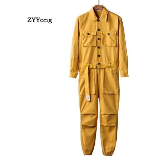 Jumpsuit Men Overalls Cargo Pants Men Long Sleeve Lapel Beam Feet Cotton Hip Hop Streetwear Loose Freight Black Trousers
