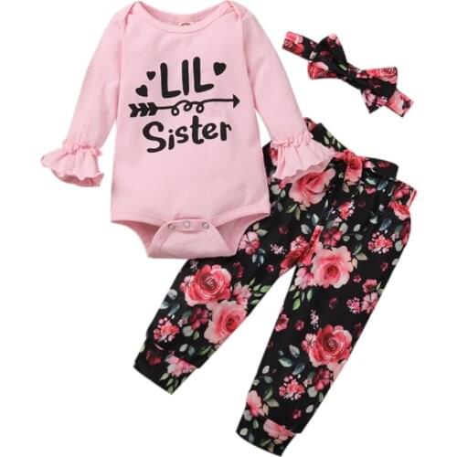 Lioraitiin 0-18M Newborn Infant Baby Girl Autumn Clothing Set Pink Letter Printed Romper Top Floral Pants Headwear 3Pcs Outfit