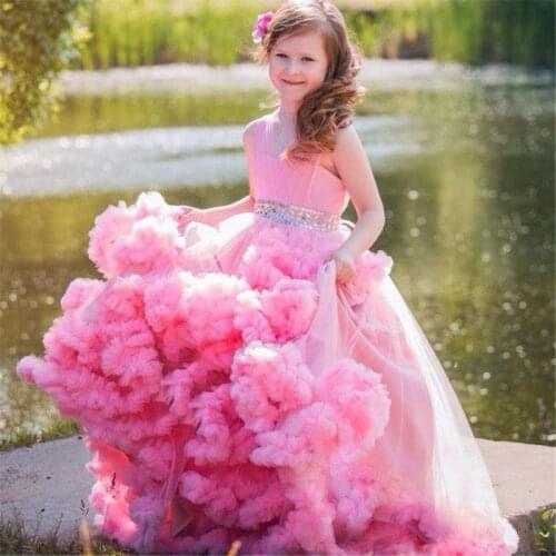Princess Lace Ball Gown Bling Beaded Flower Girl Dress Girls Pageant Gowns New Bow First Communion Dresses For Weddings