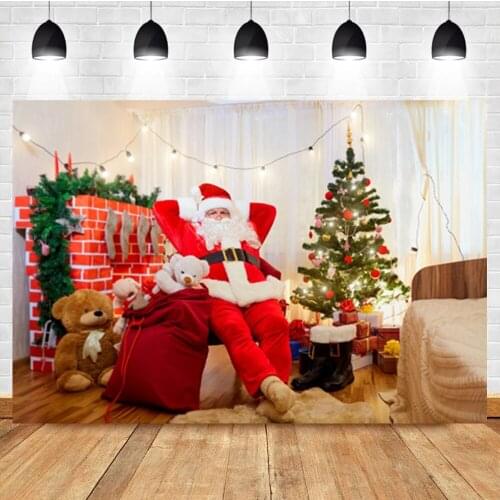 Laeacco Santa Claus Interior Cartoon Bear Christmas Gift Birthday Photo Photography Backdrop Photo Background For Photo Studio