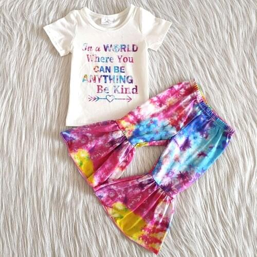 Hot sell fashion kids summer outfit baby girl colorful letters design shirt and tie-dye bell pants set girl fashion outfit