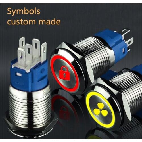 16mm 19mm 22mm metal button switch, stainless steel button, with light, self-reset and self-locking, custom symbol custom patter