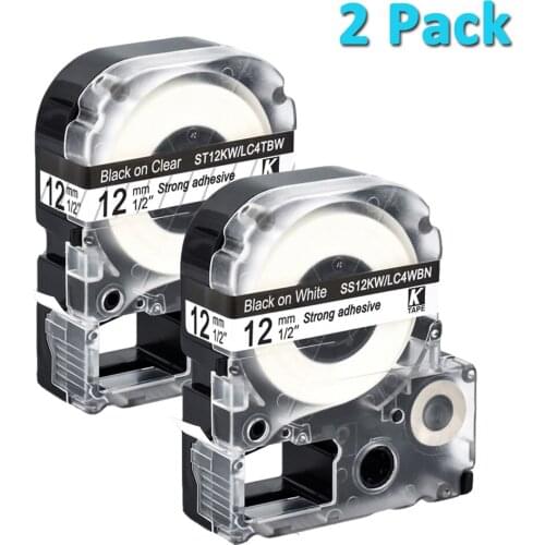 2Pcs Multicolor SC12YW SS12KW LC-4WBN9 Compatible KingJim/Epson Label tape Ribbon 12mm*8m For LW-300 LW-400 LW-600P Label Maker