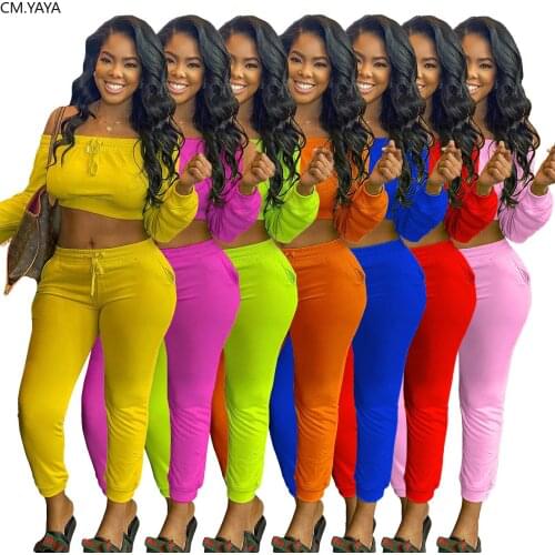 CM.YAYA Fashion Women Two Piece Set Off Shoulder Crop Tops Pencil Jogger Sweatpants Suit Tracksuit Fitness Outfit Matching Set
