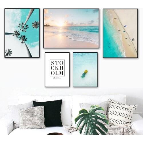 Sea beach Palm Tree Quotes Seascape Wall Art Canvas Painting Nordic Posters And Prints Wall Pictures For Living Room Home Decor