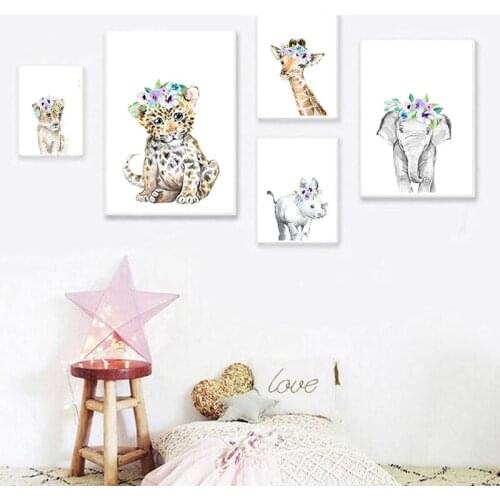 Lion Zebra Giraffe Baby Animal Wall Art Poster Baby Room Flowers Print Picture Canvas Painting for Nursery Kids Room Home Decor