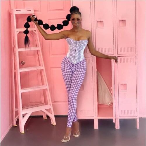 2021 New Style Women Corset Houndstooth Pattern Clothes Costume Sexy Sleeveless Wrap Bustier Top High Waist Legging Pants