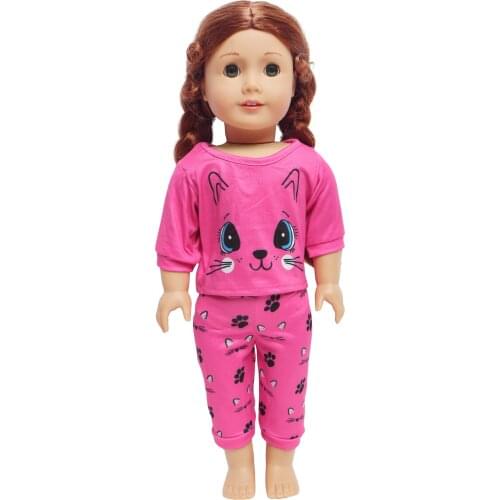 45 cm Baby Doll Clothes Cute Cat Pattern Daily Casual Wear Outfit Pajamas T-shirt Pants for American 18 Inch Girl Doll Kids Toy