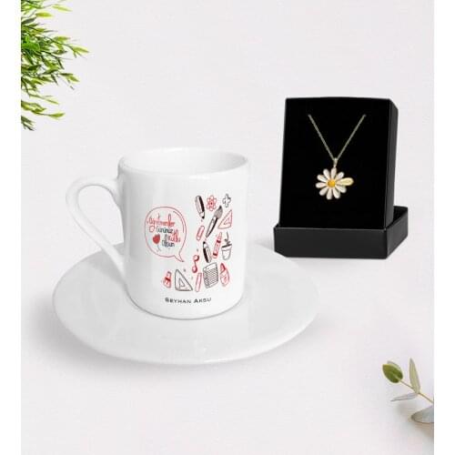 Personalized Teachers Days Happy Turkish coffee Cup and Is Daisy Necklace Gift Seti-2