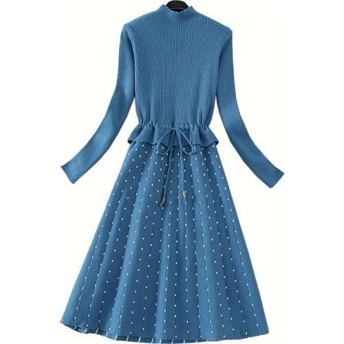 Women Autumn Winter Sweater Dress New Stitching Fake Two-piece Pull Knitted Pullover Sweater Dress Female Mid Long Office Dress