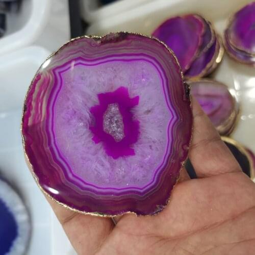 80-100mm Natural agate slices coaster Polished Agate Gems Crafts Pad coasters gilt lace mineral decoration Stone Holiday Gift