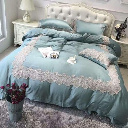 Light purple 100S Tencel Luxury Embroidery Royal Bedding Set King Queen Lace Wedding Bed Sheet Cover set Duvet Cover 4pc