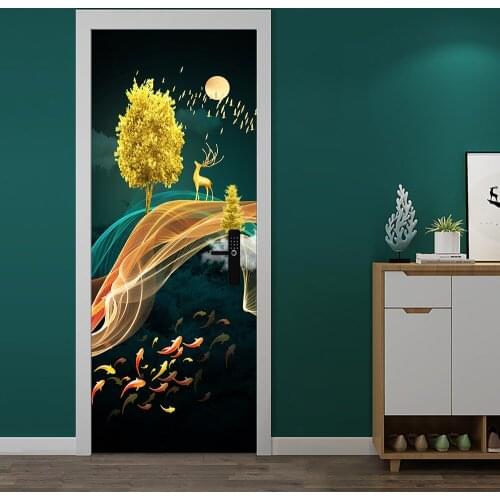 Golden fantasy style fairy deer Mochizuki DIY Door Wall Sticker Home Decor Living Room porch Self-adhesive Waterproof Wallpaper