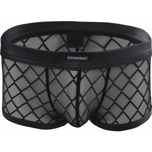 Sexy Mens Lingerie Underpants Black Gridding Boxer Brief Shorts Underwear Semi-see Through Mesh Faux leather Waistband Panties
