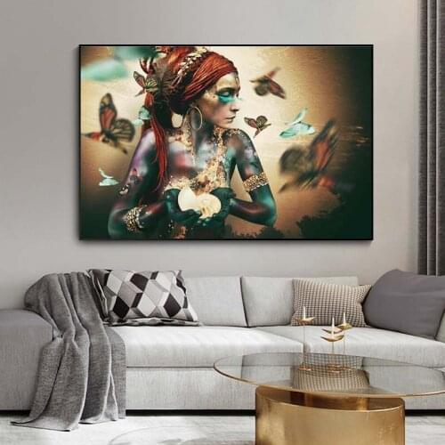 African Woman with Butterfly Canvas Paintings on the Wall Art Posters And Prints Colorful Black Girl Art Picture Home Decoration