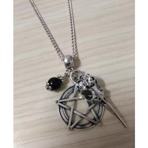 Vintage Style Raven Skull Head Pentagram Mix beads Pendant Necklace Charm Punk Gothic Jewelry 1 pcs