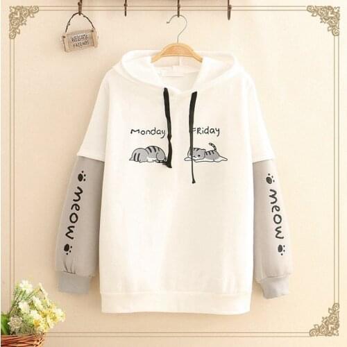 Japanese Mori Girl Cute Anime Women Long Sleeve Sweatshirt Winter Animal Printed Fleece Teens Kawaii Cat Graphic Grey Hoodies